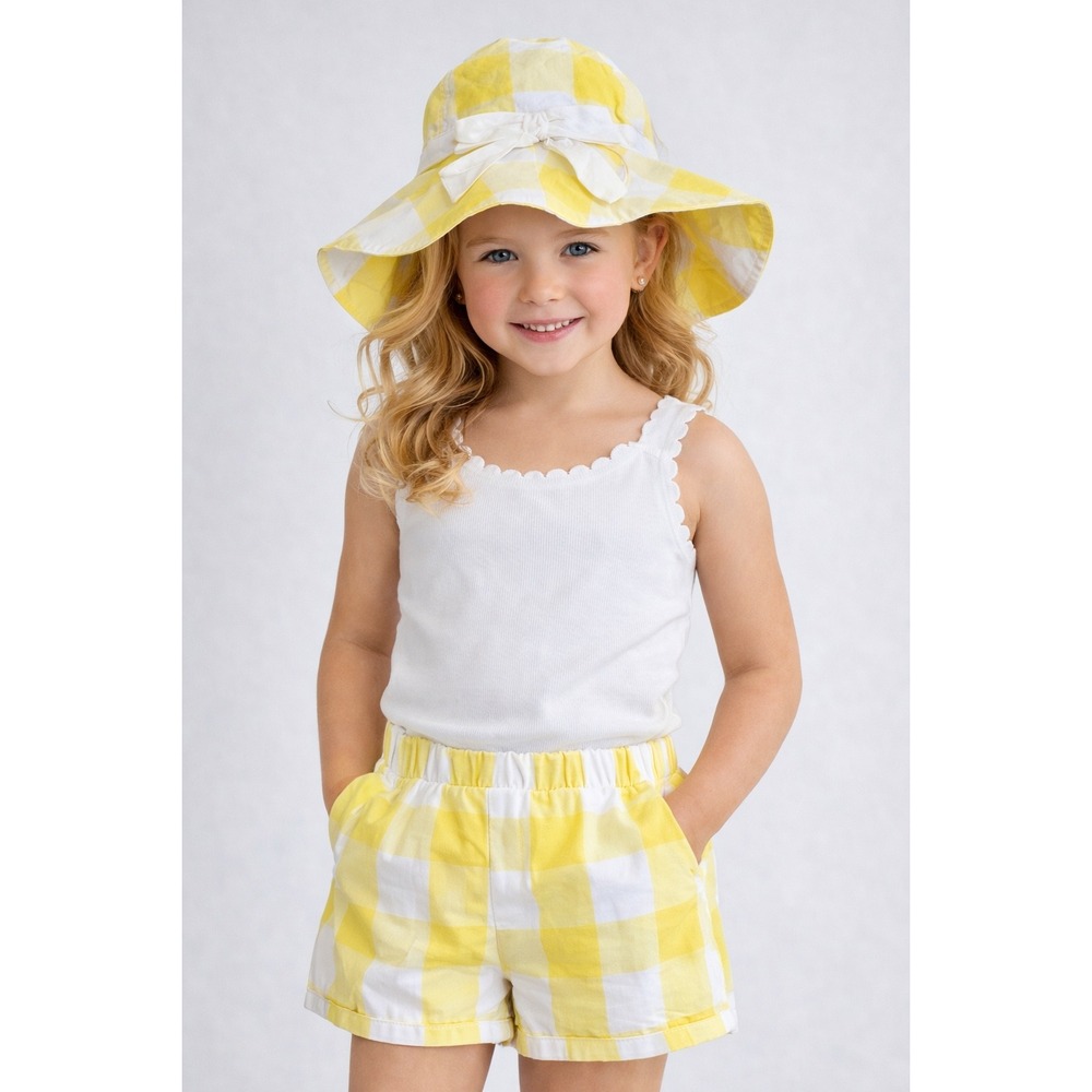 Janie and Jack Girls Yellow White Gingham Sun Hat Wide Brim Bow Size 4-5
